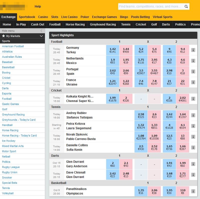 View of the Betfair homepage